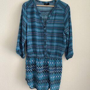 Tolani Women's Silk Romper Shorts SZM Blue Multicolor Geometric Boho 3/4 Sleeve